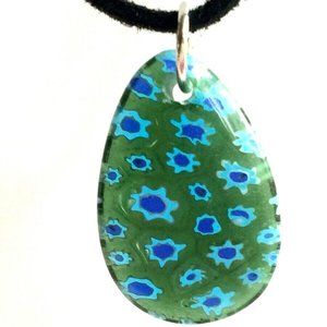 Murano Art Glass Pendant Necklace 19" Millefiori Style Green Blue Silver Plated